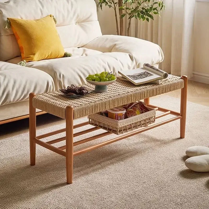 Nordic Solid Wood Shoe Changing Stool Rope Woven Bench Multi Functional Storage Rack Decorative Ottomans with Storage Space