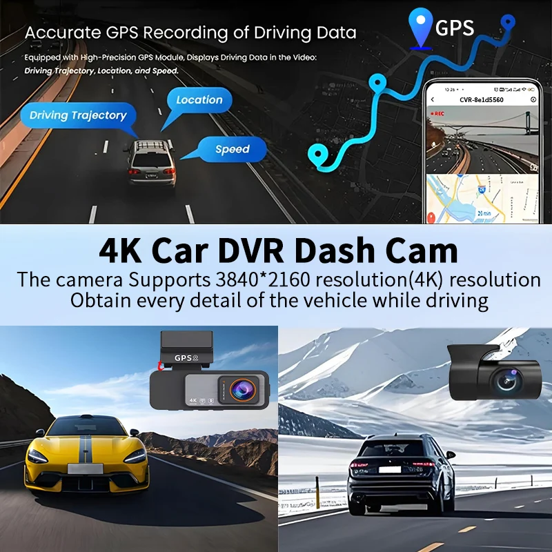 4K Dual Lens Dash Cam GPS WiFi Night Vision Parking Monitor Car DVR Front 4K Rear 1080P Ultra HD Resolution 3840*2160