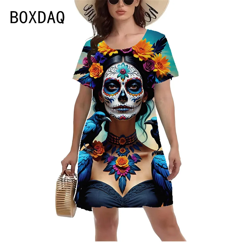 3D Funny Horror Skull Rose Printed Dress Women Short Sleeve O-Neck Casual A-Line Dress Fashion Streetwear Y2k Lady Dress Vestido