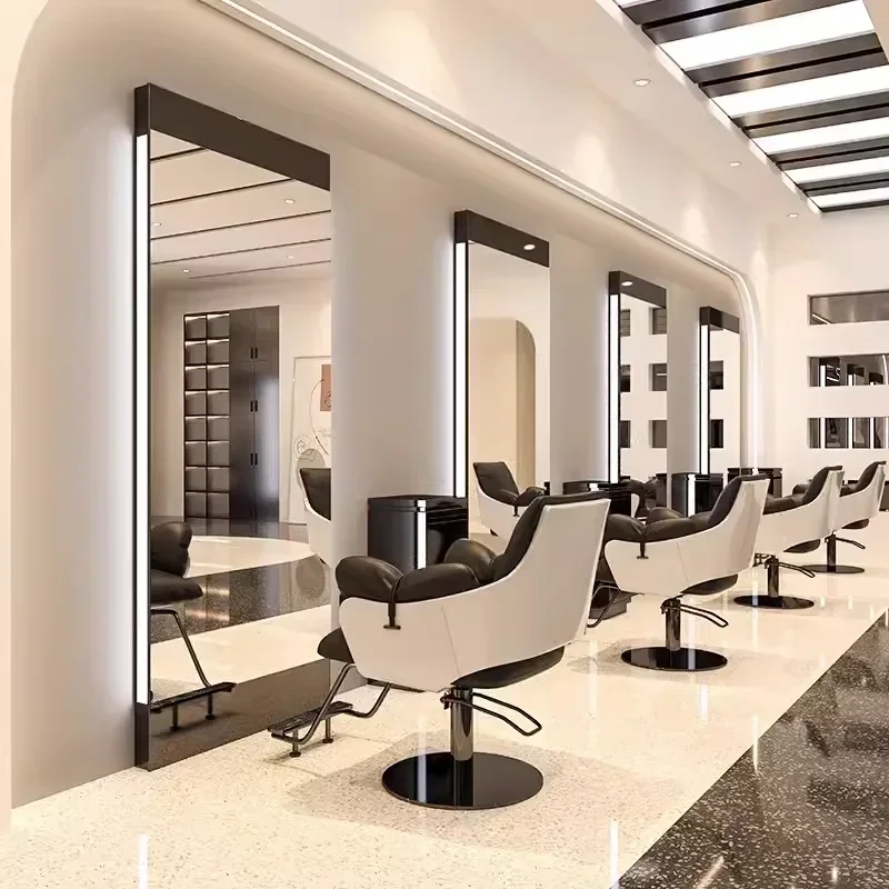 Hair Salon Floor Full Body Mirror Barber Shop Single Double-Sided Mirror with Light for Hair Salon Stainless Steel Hot Dyeing