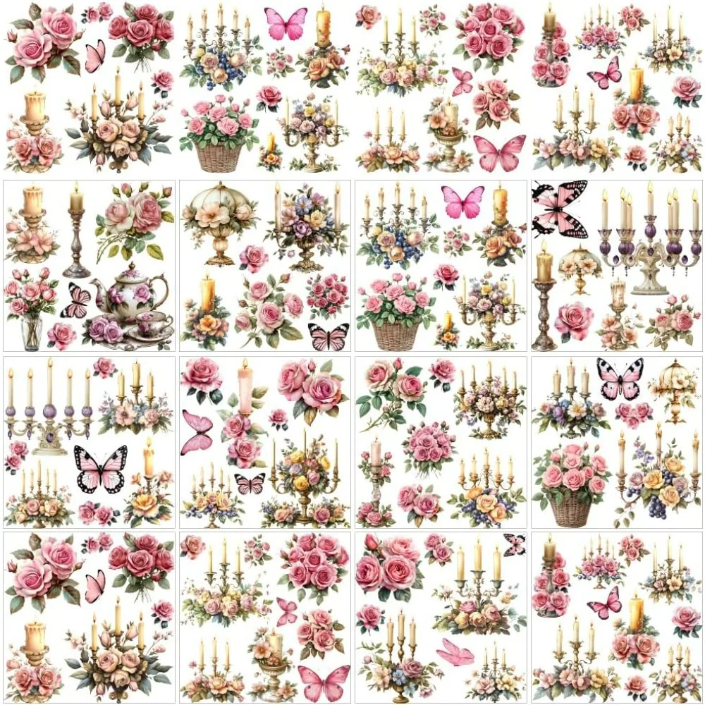 12 Blatt rosa Rose Rub on Transfers 12 Style Vintage Blumen Kerzen Wärmeübertragungsfolie Transfer Möbelaufkleber