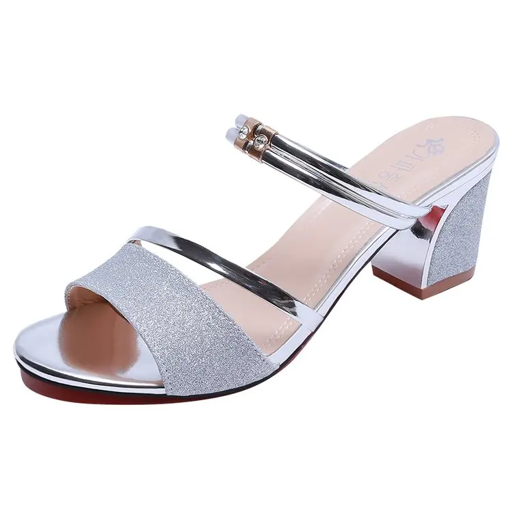 2022 Summer Sequin Sandals Women\'s Summer New Chunky Heels Silver High Heels Ladies Casual Outdoor Ladies Sandals 34-40