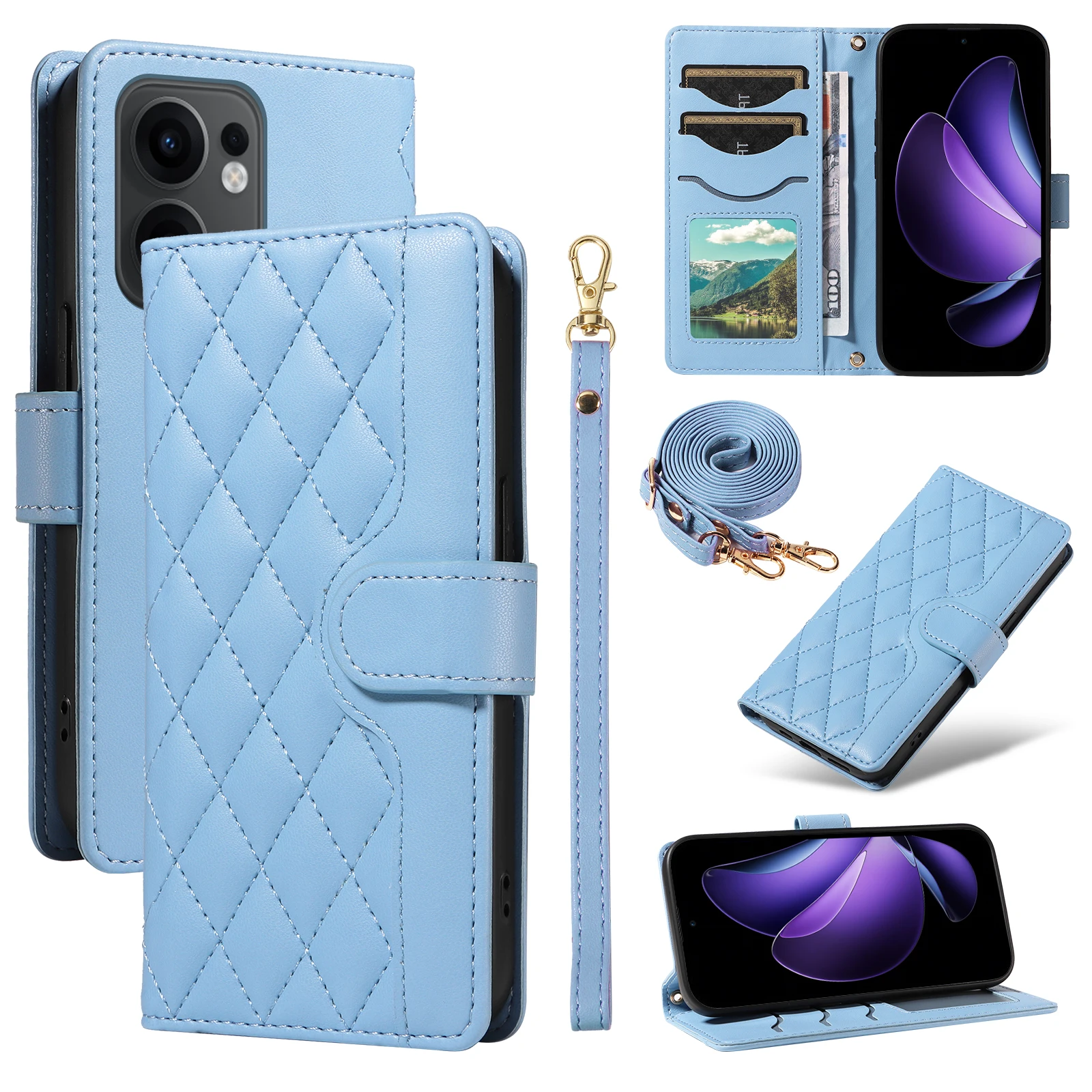 

For Oppo Reno13 F 4G / Oppo Reno13 A 5G / Oppo Reno13 F 5G Wallet Case Rhombus Leather Phone Cover with Strap - Blue