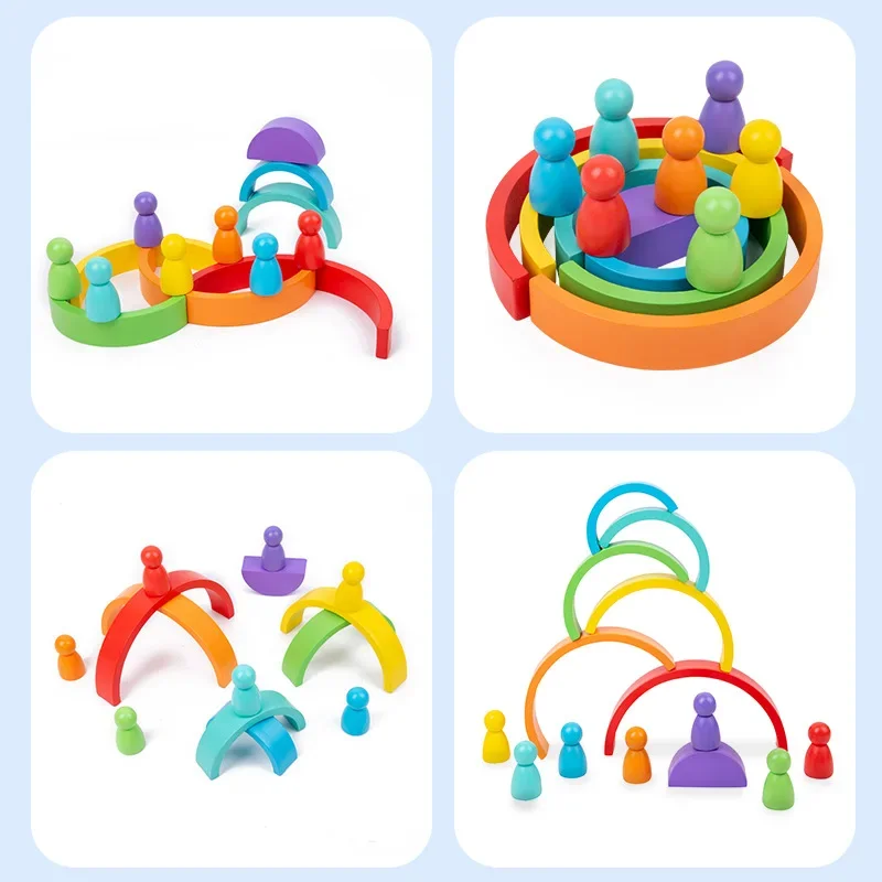 Klocki dla dzieci, zabawki edukacyjne, puzzle, klocki do układania, drewniane klocki dla dzieci, klocki do składania, rozpoznawanie kolorów, most tęczowy