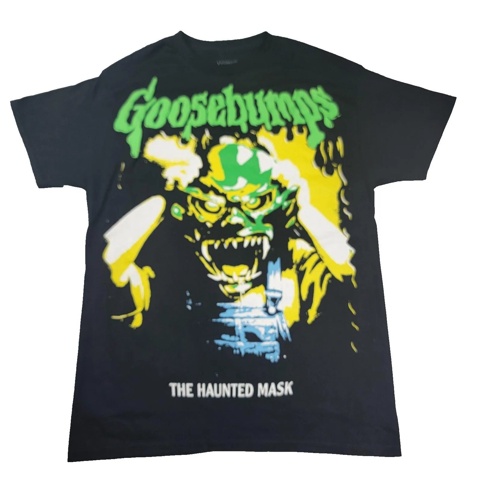 تي شيرت رجالي من Goosebumps باللون الأسود المتوسط قناع مسكون رعب متوهج 1029