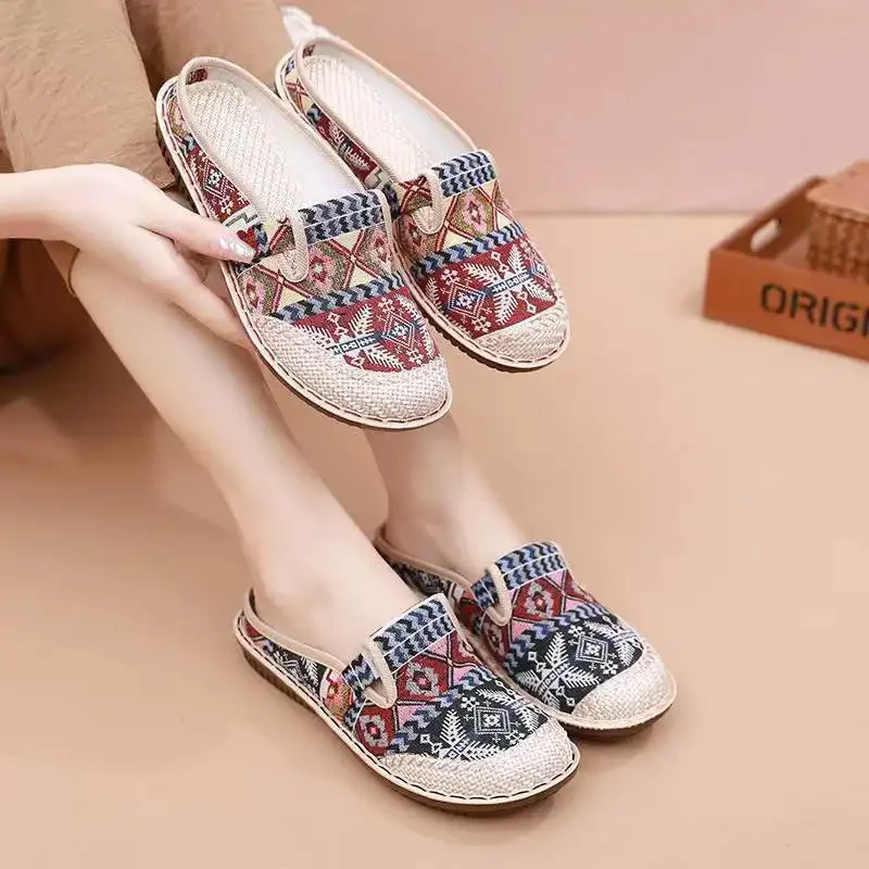 Womens Ethnic Style Slippers Fashion Women Shoe Wedge Cloth Shoes with Soft Soles Walking Shoes Slip-on Mules Zapatilla De Mujer