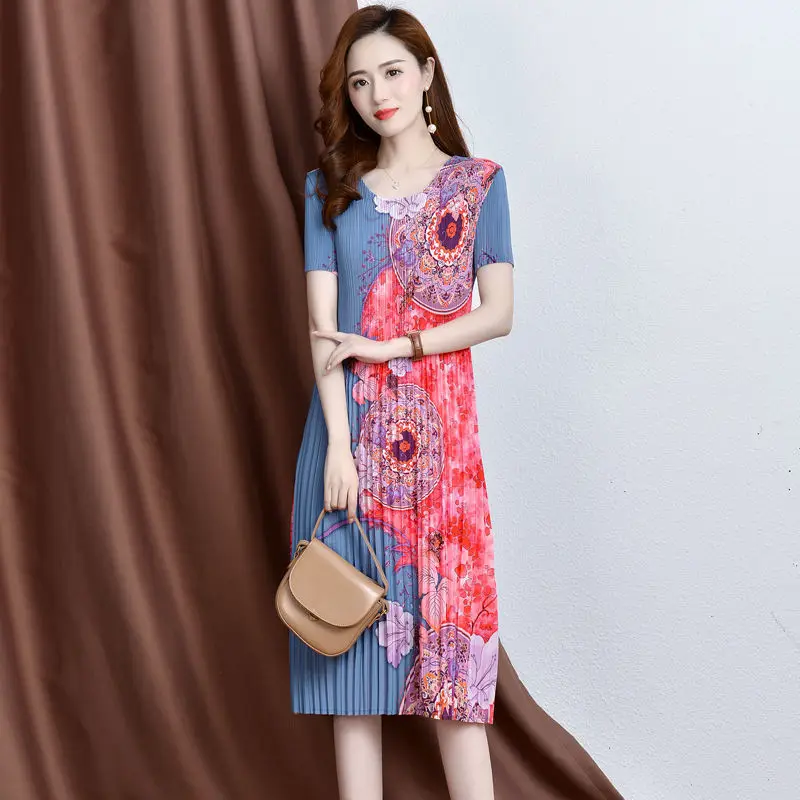 

Casual dress folded dress 2023 new summer fashion print large size elastic waist slim pleated short sleeve o neck dress clothing