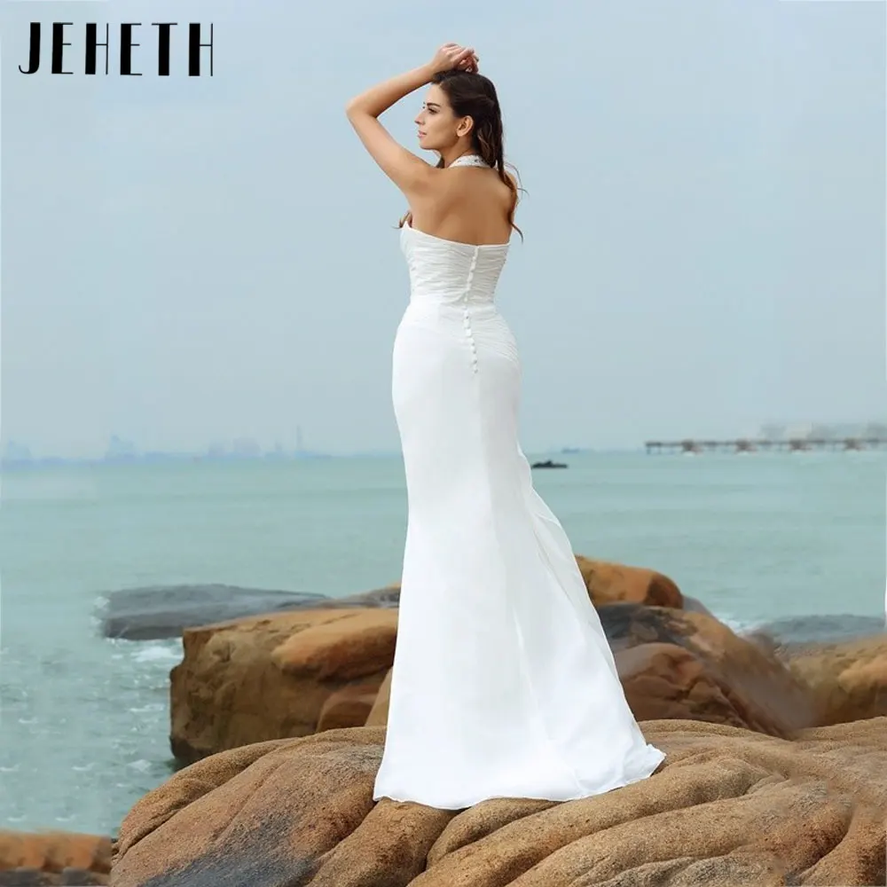 JEHETH Halter Sleeveless Mermaid Wedding Gowns Backless Back Buttons Bridal Dresses Custom Made vestido de noiva casamento 2024