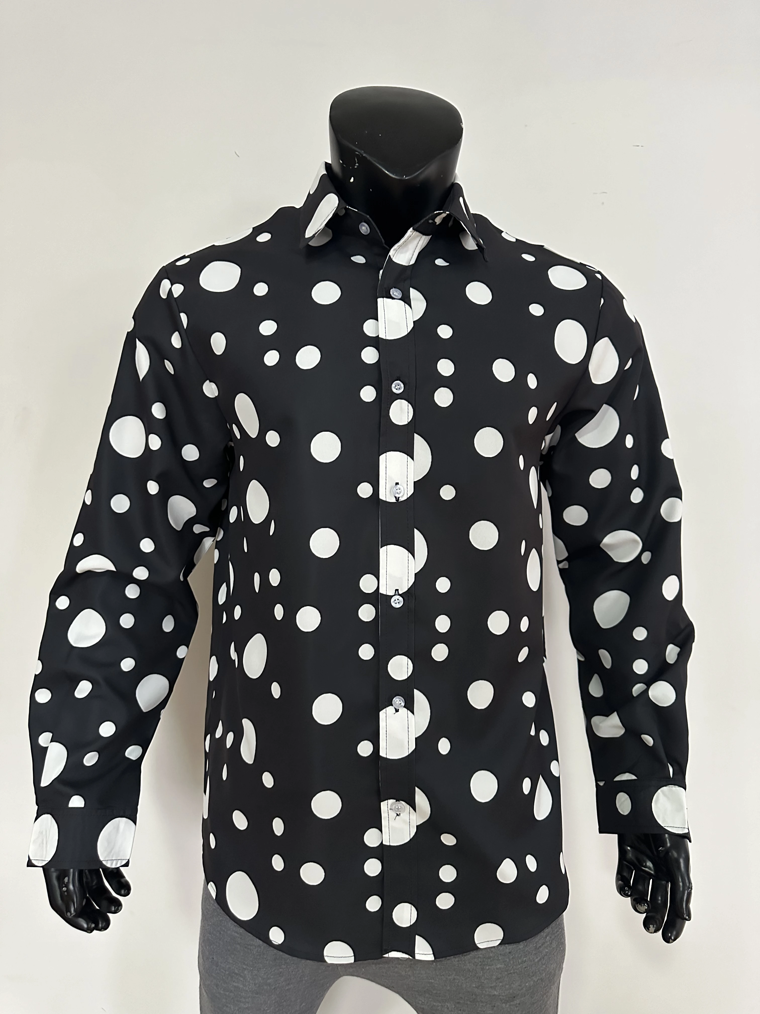 

2025 European and American men's long sleeved black and white dot printed long sleeved casual seasonal shirts for foreign trade