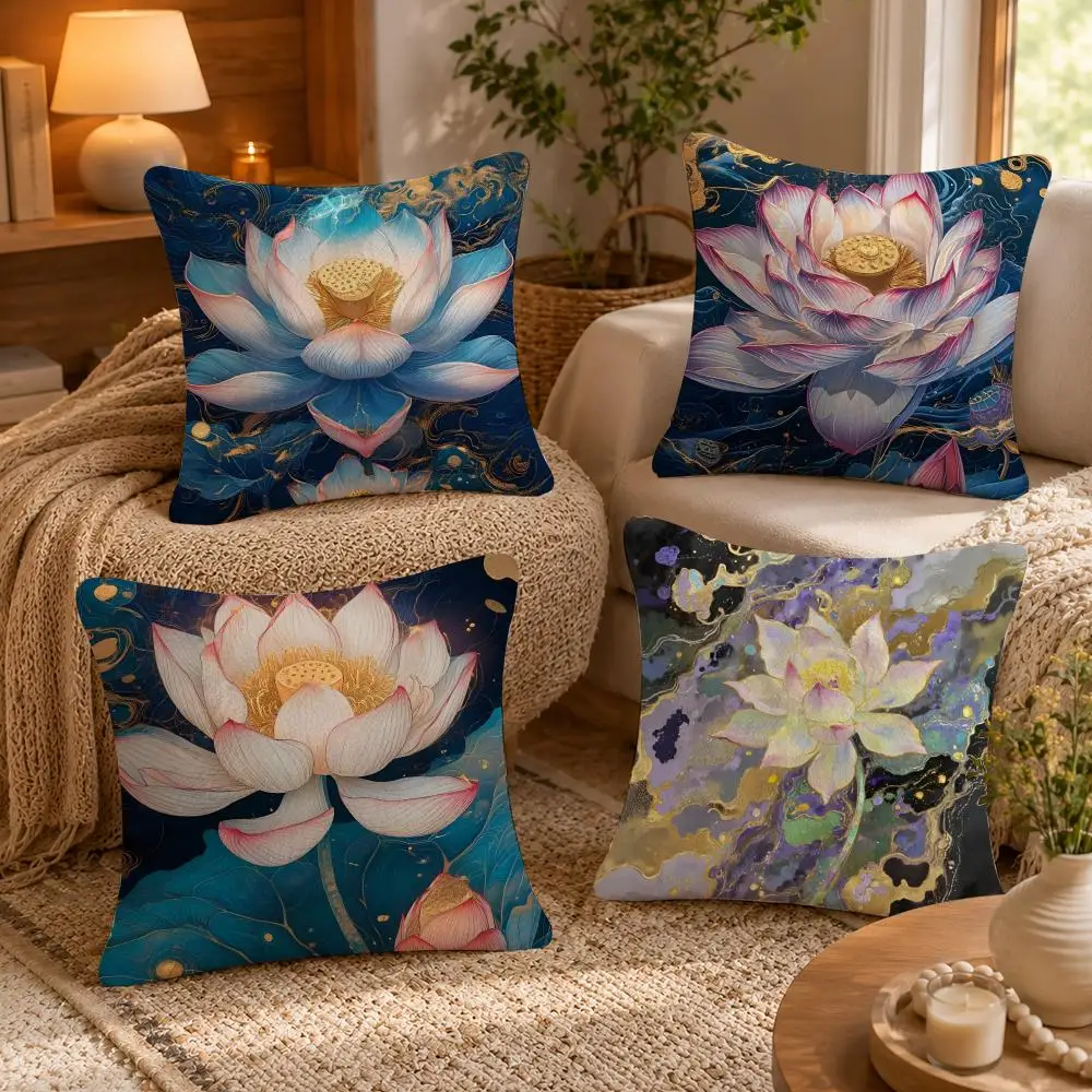 Lotus Flower Cushion Cover Anti-dustmite Pillowcase Invisible zipper silky short plush Sofa cushion cover