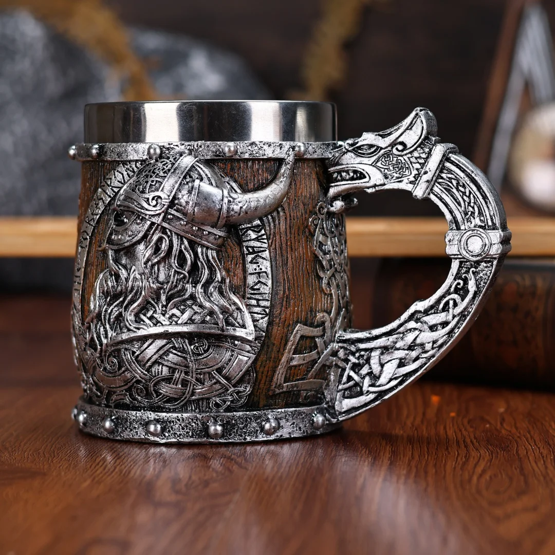 Valhalla Viking Stainless Steel Nordic Viking Barrel Dragon Boat Warrior Horn Skull Beer Mug Tankard Stein Cup 400 ml - view 3