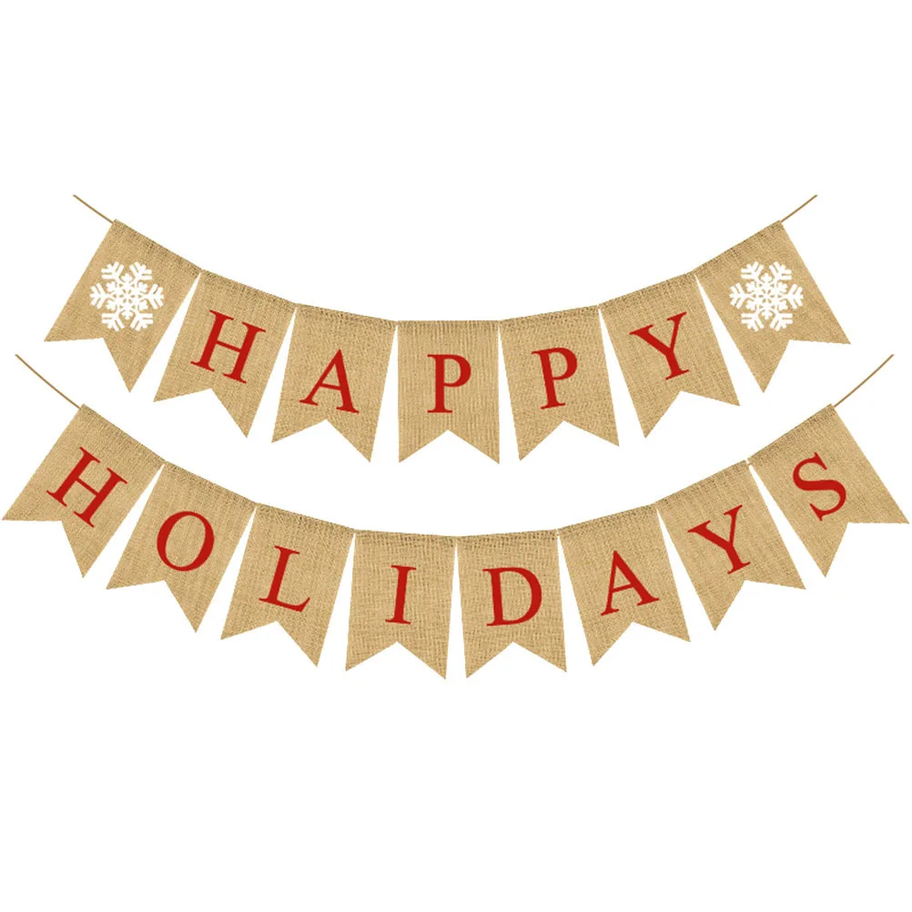 

Christmas Burlap Banners Linen Party Decoration Flag Garland Reusable Festive Holiday Home Tree Wall Fireplace Display