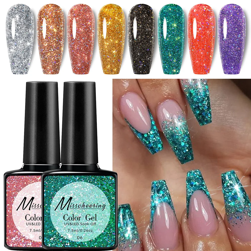 

Glitter Gel Nail Polish Sparkle-Diamond Effect Soak Off UV Set High Gloss Shine Sparkly Nail Art Varnish Romantic For Party