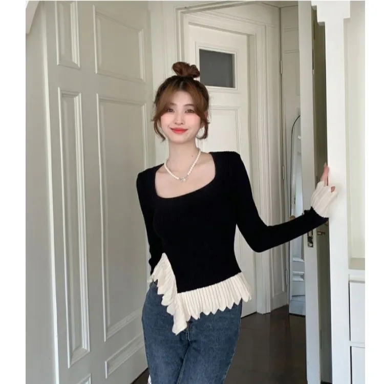

Slim Fit Knitted Sweater Women's Spring Autumn Irregular Color Blo Square Collar Blouse Sle Inner Wear Base Top