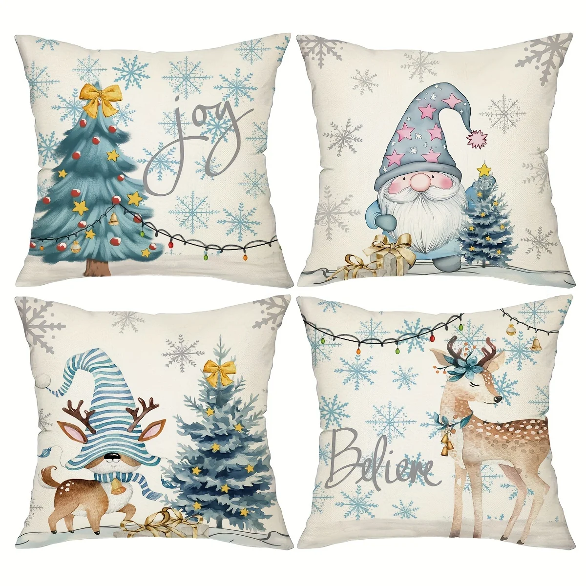 4-Pack Christmas Throw Pillow Covers, 18x18 Inch, Festive Holiday Designs with Xmas Tree, Cute Deer, and Snowflakes, Farmhouse S