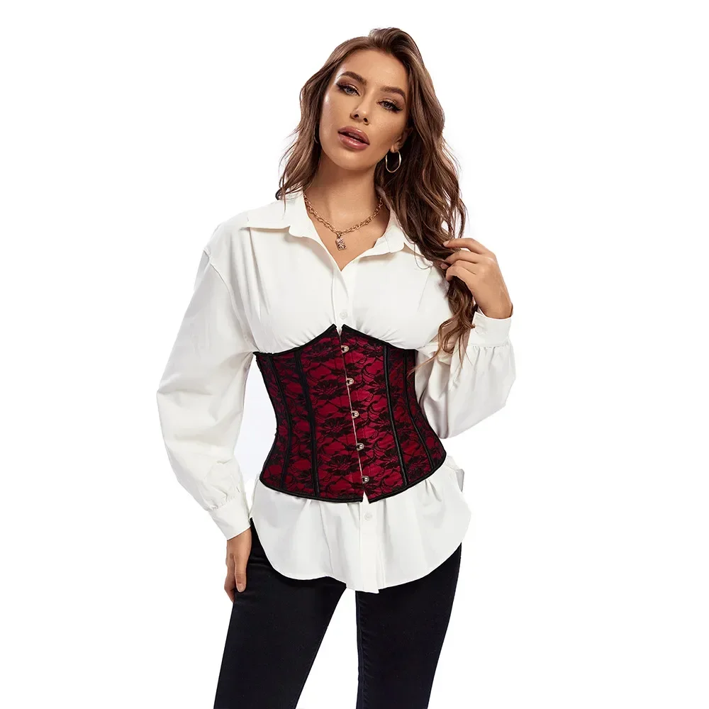 WSHKING Underbust Waist Corset Lace Floral Red Waist Trainer Gothic Women Slimming Belt Bustier Corselet Red Korset view 5