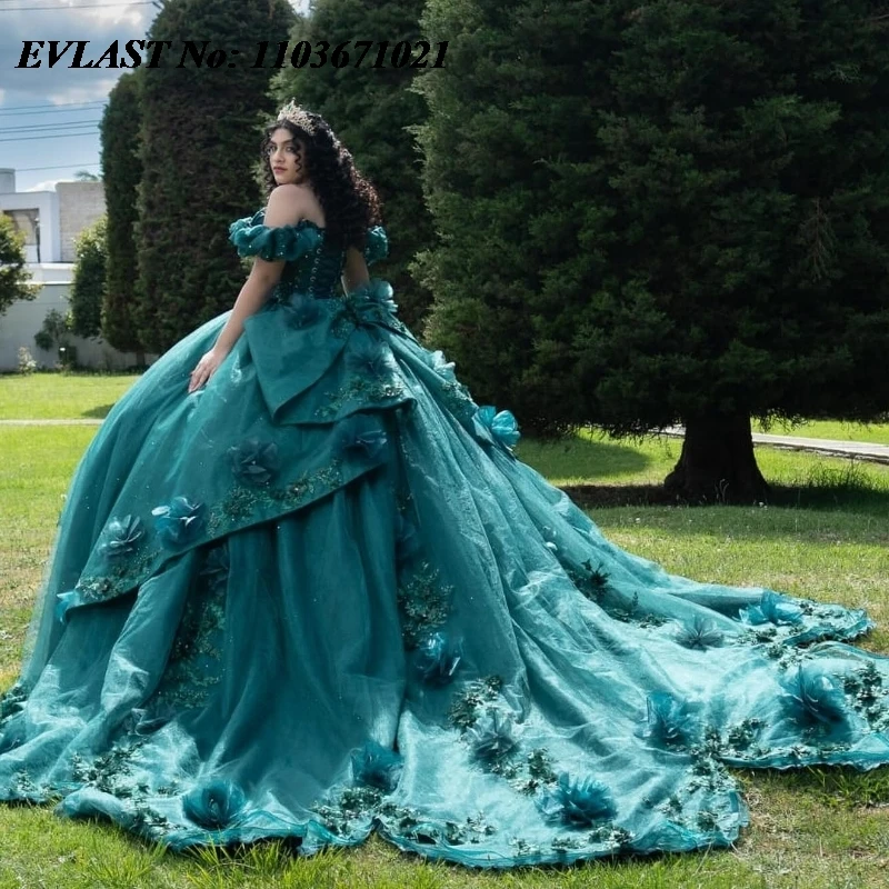 

EVLAST Customized Mexican Glitter Green Quinceanera Dress Ball Gown Beaded Floral Applique Sweet 16 Vestidos De 15 Anos SQ589