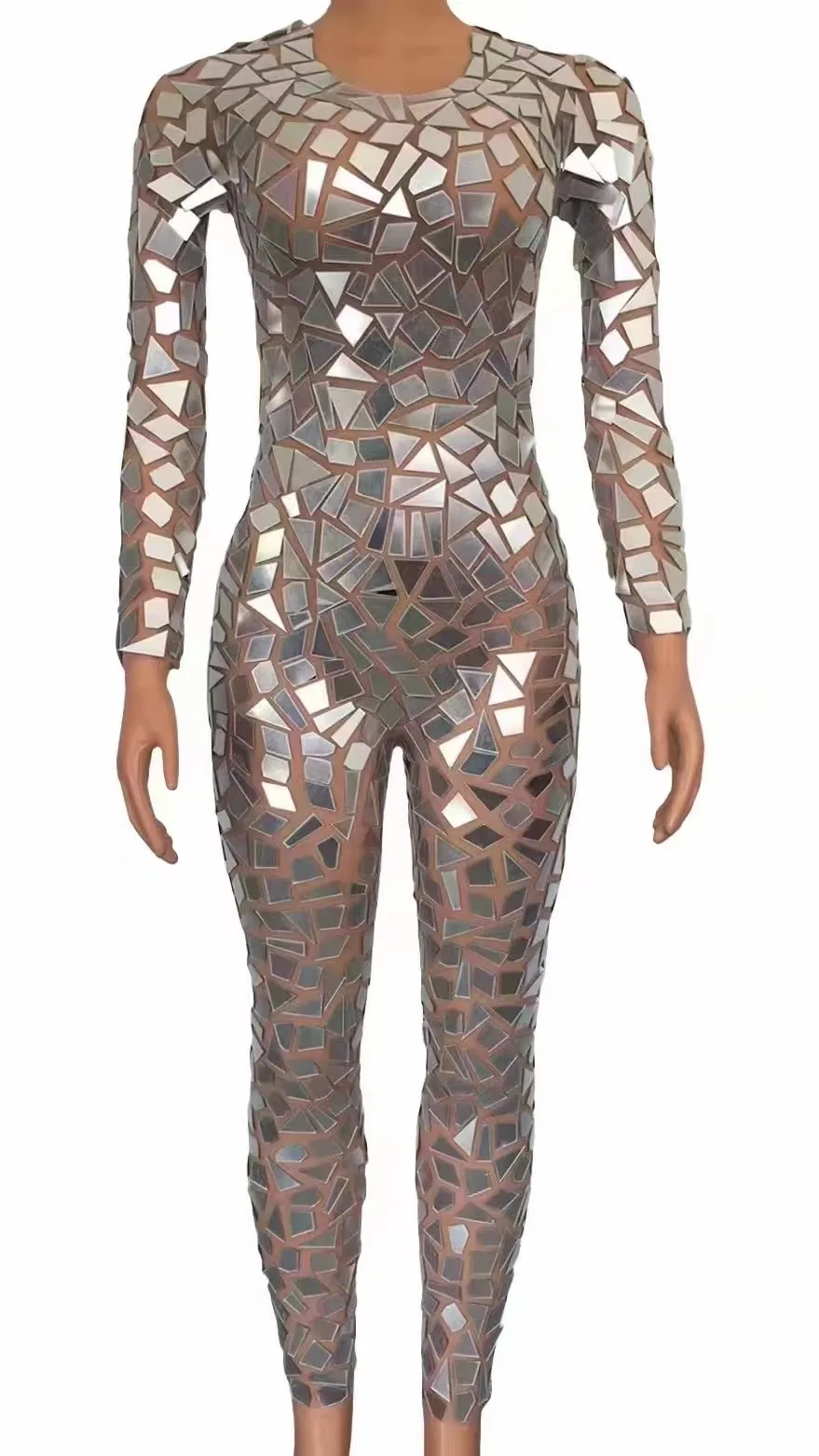 

SparklySilverMirrorsTransparentJumpsuitWomenDanacePerformanceSexy CostumeBirthdayCelebrateBodysuitLeggings