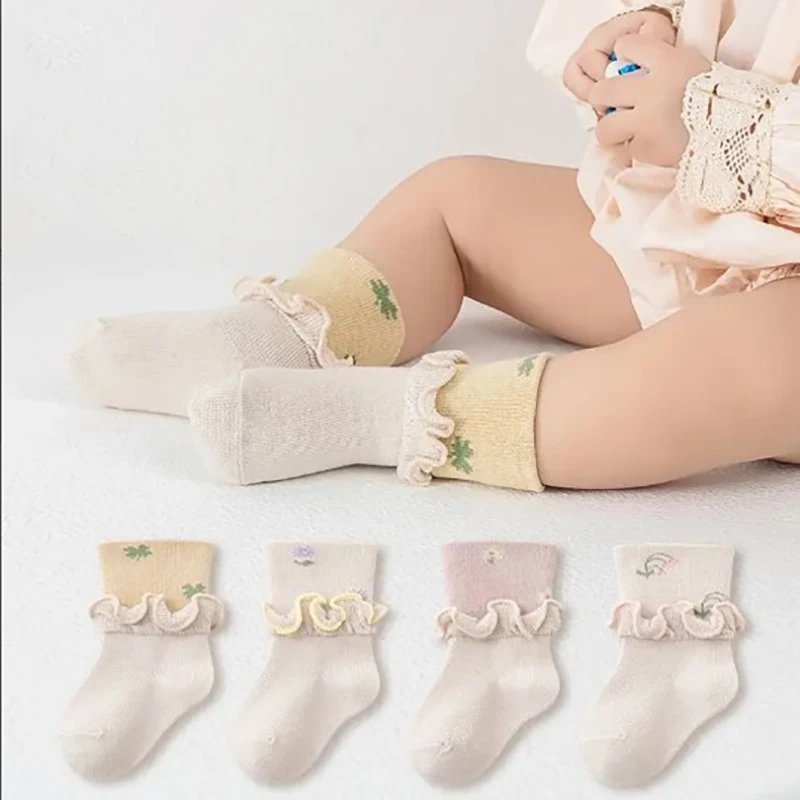 

4 Pairs/lot 0-3Y Baby Socks Spring Autumn Pure Cotton Cute Double Layered Ear Edge Kids Sock Flower Contrast Color Newborn Socks