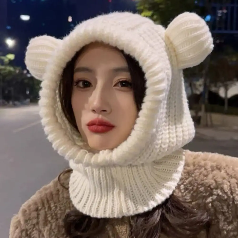 

Korean Style Bear Ear Balaclava Hat Windproof Solid Color Knit Hooded Beanie Hat Warm Outdoor Winter Pullover Helmet Cap Girls