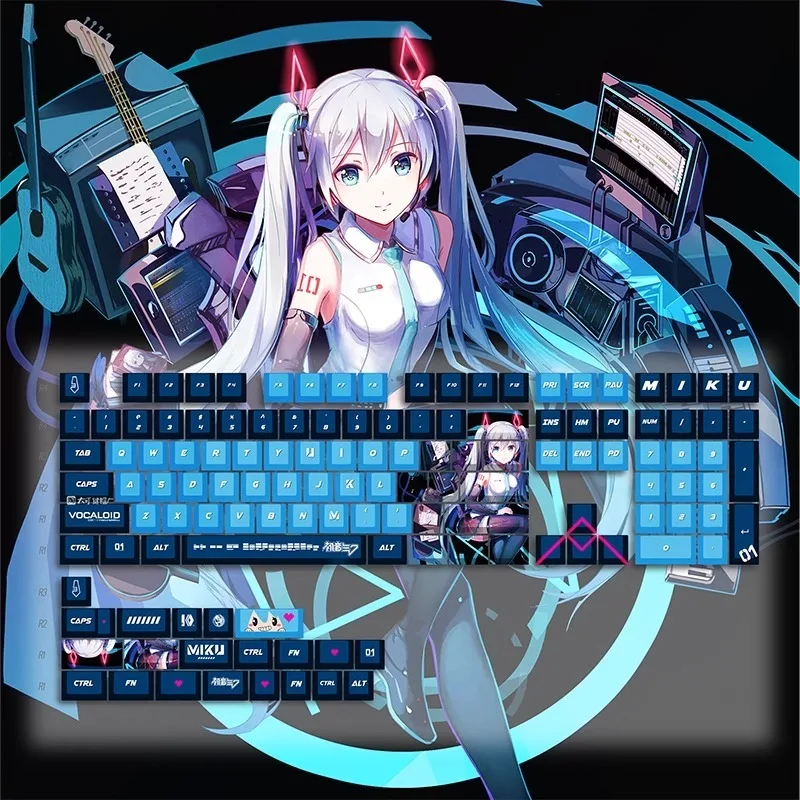 Miku deep blue and cherry blossom themed PBT sublimation keycaps compatible with mechanical keyboards