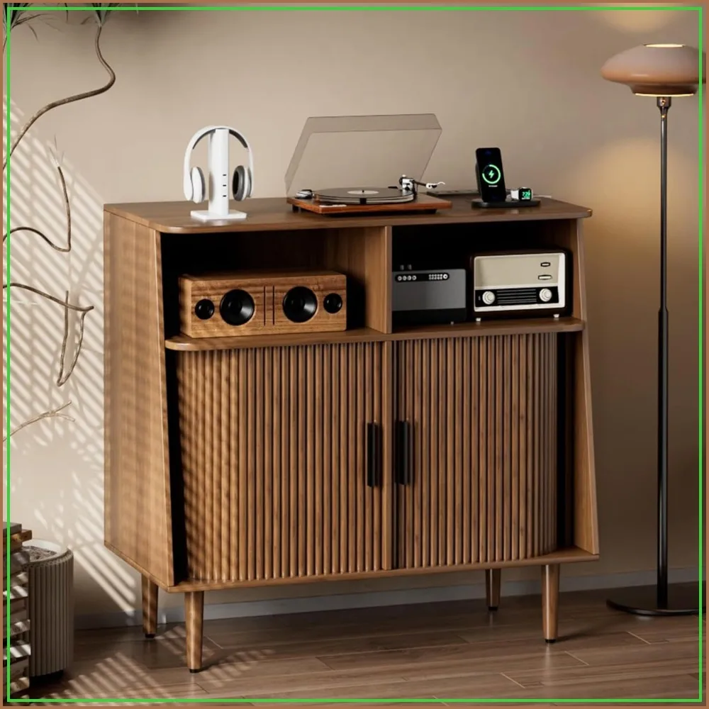 Mid Century Record Player Stand with Vinyl Storage, Power Outlet, Holds 350 Albums, Walnut, 31.5