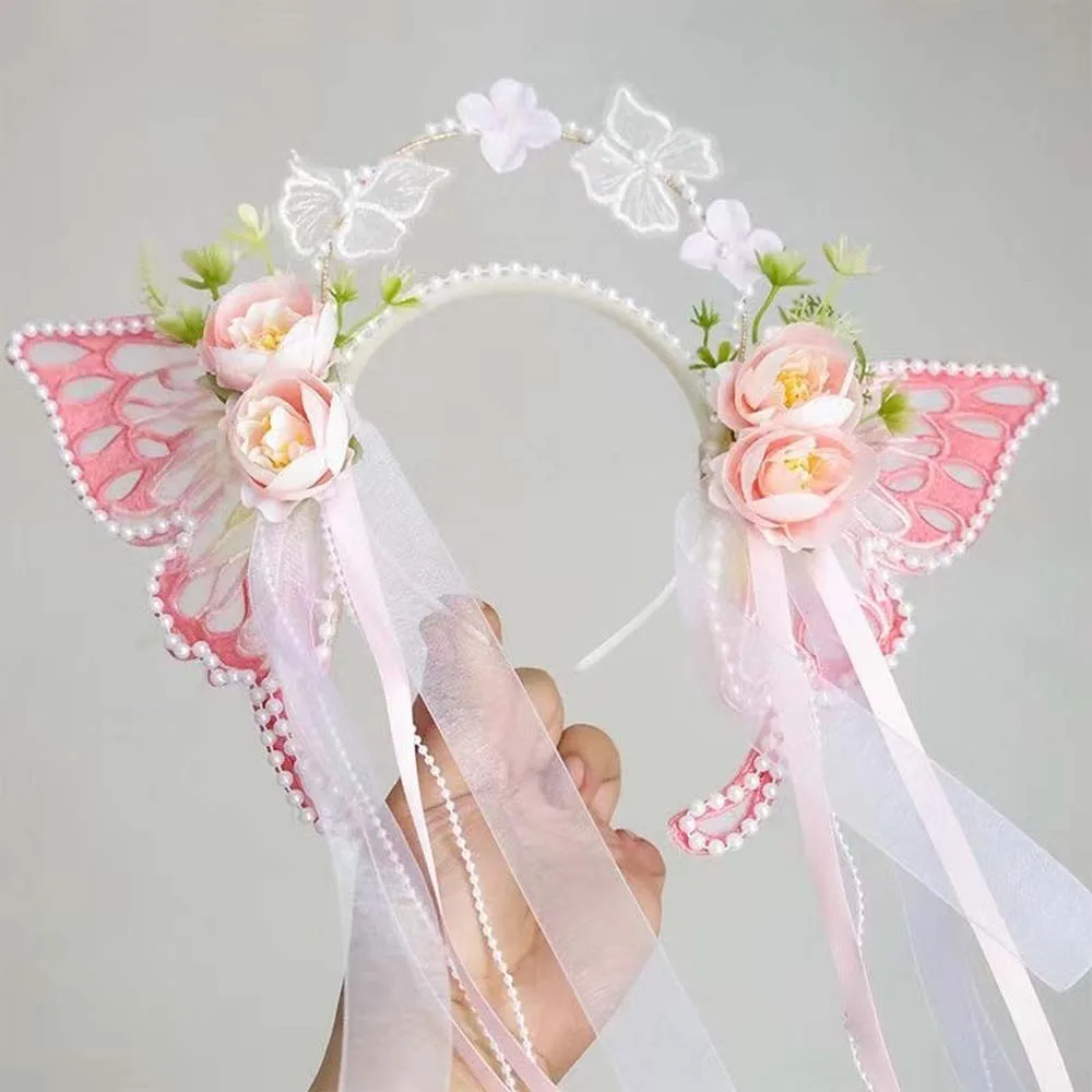 

Обруч для волос Sweet Butterfly Fairy Kawaii Mesh, большие заколки для волос с крыльями бабочки, кисточки, вышивка, повязка на голову с ушками эльфа, вечерние