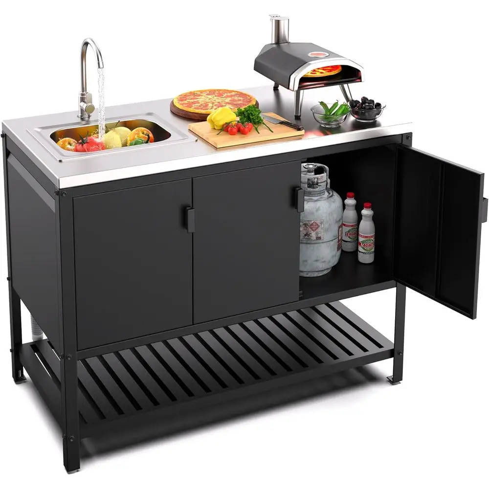 

Outdoor Sink with Cabinet, Large Stainless Steel Countertop, Outdoor Kitchen Sink Station, Utility Sink with Shelves, 24D x 47W