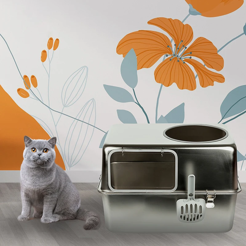 STLF Large Capacity Detachable Stainless Steel Cat LitterS Box with Cat LitterS Scoop Easy to Clean Toilet for Medium Large Cats