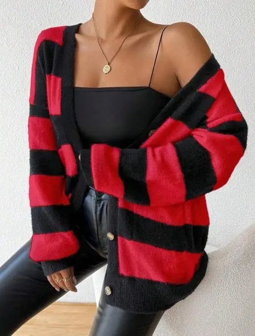 

Sweater 2025 Autumn/winter New Fashionable and Versatile Knitted Cardigan Design Sense Striped Casual Loose Sweater for Women