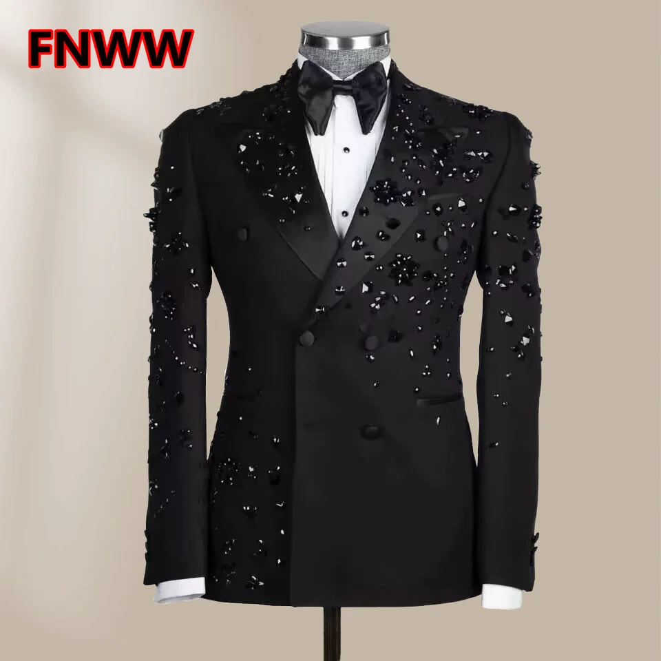 

Black Opulent Crystal Slim Fit Men's Suit 2 Pieces Wedding Grooming Set plus Size Elegant Tuxedo for Party Prom Wear