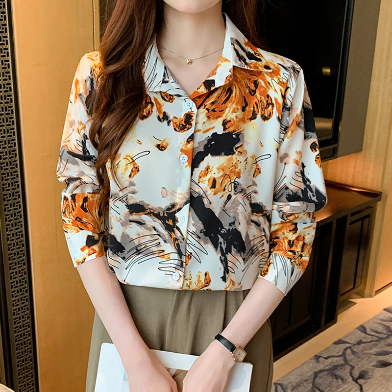 

2025 Fashion Elegant Print Chiffon Loose Blouse For Woman Long sleeve Casual Vintage Temperament Woman Office OL Shirt Tops