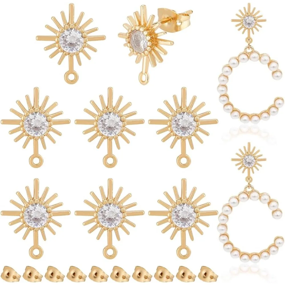 10PCS Real 18k Gold Plated Brass Stud Earrings, Cubic Zirconia Sun Earrings Accessories with Horizontal Ring and 10PCS Plastic