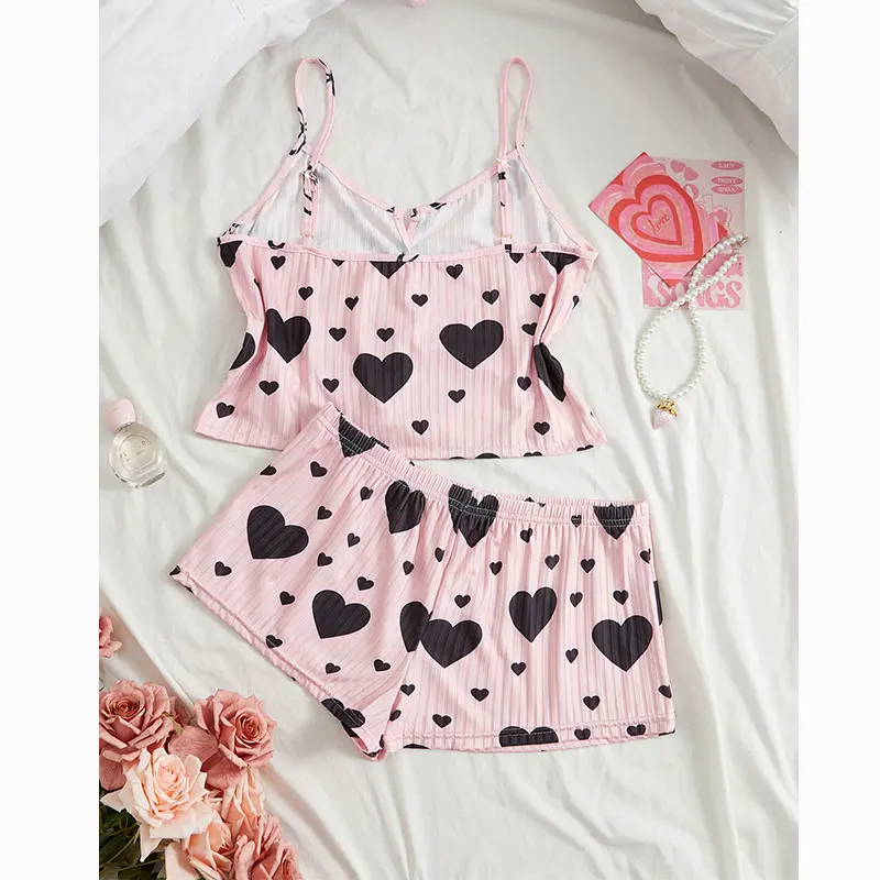 New Pink Strappy Pajama Set With Bow-Accented Heart-Print Tank Top And Shorts Summer Pajamas For Woman Homewear Sexy Casual Wear view 2