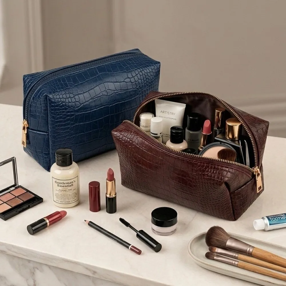 Portable Croc Embossed Makeup Bag Waterproof PU Leather Cosmetic Pouch Lightweight Large Capacity Wash Pouch Business Trip