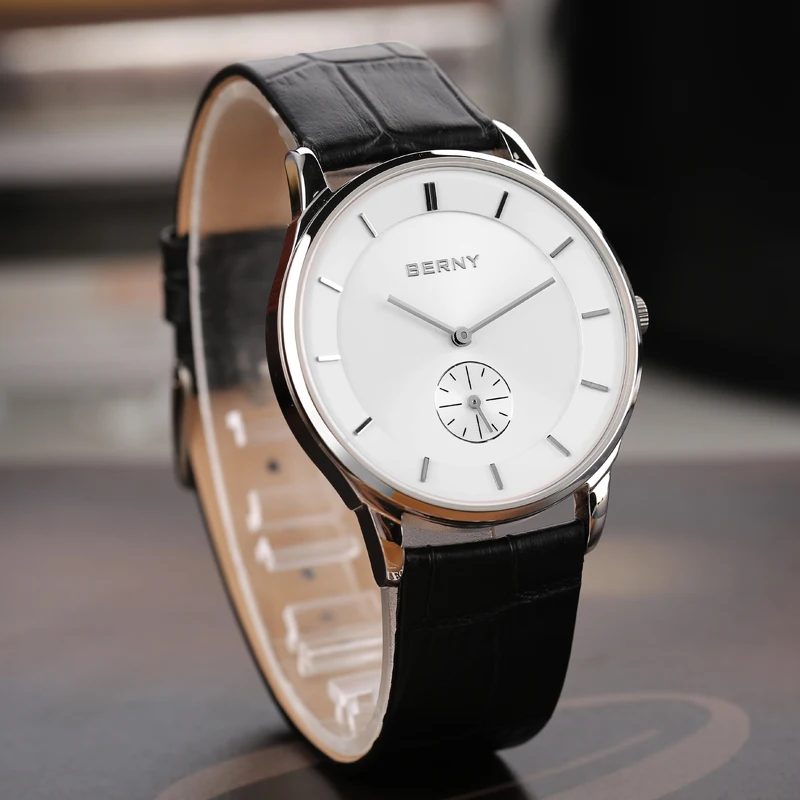 BERNY Men Quartz Watch Japan Wristwatch Ultra-thin Simple Dial Rose Gold Leather 3Bar Waterproof Strap Luxury Business Watch