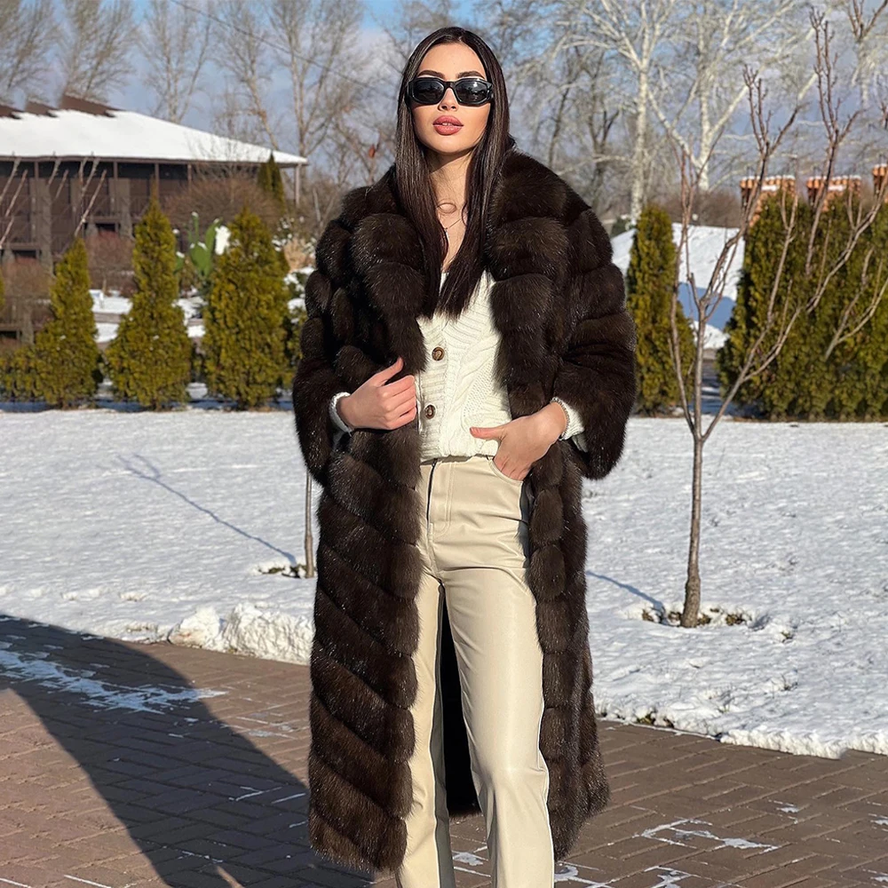 Fashion Long Real Fox Fur Coat Dark Sable Color Full Pelt Genuine Fox Fur Jacket with Lapel Colla Winter Woman Thick Fur Outwear