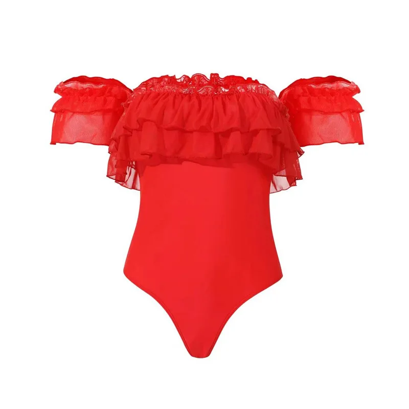 Pure Red 2023 New One-piece Swimsuit Women's Tube Top Ruffled Swimwear Summer Beach Wear Cover Up High Waist Bikini