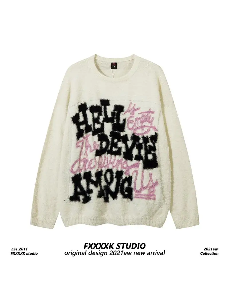 

Оригинальная американская ретро-вязаная кофта с асимметричным узором FXK, повседневная универсальная одежда для пар, вязаный топ для мужчин и женщин