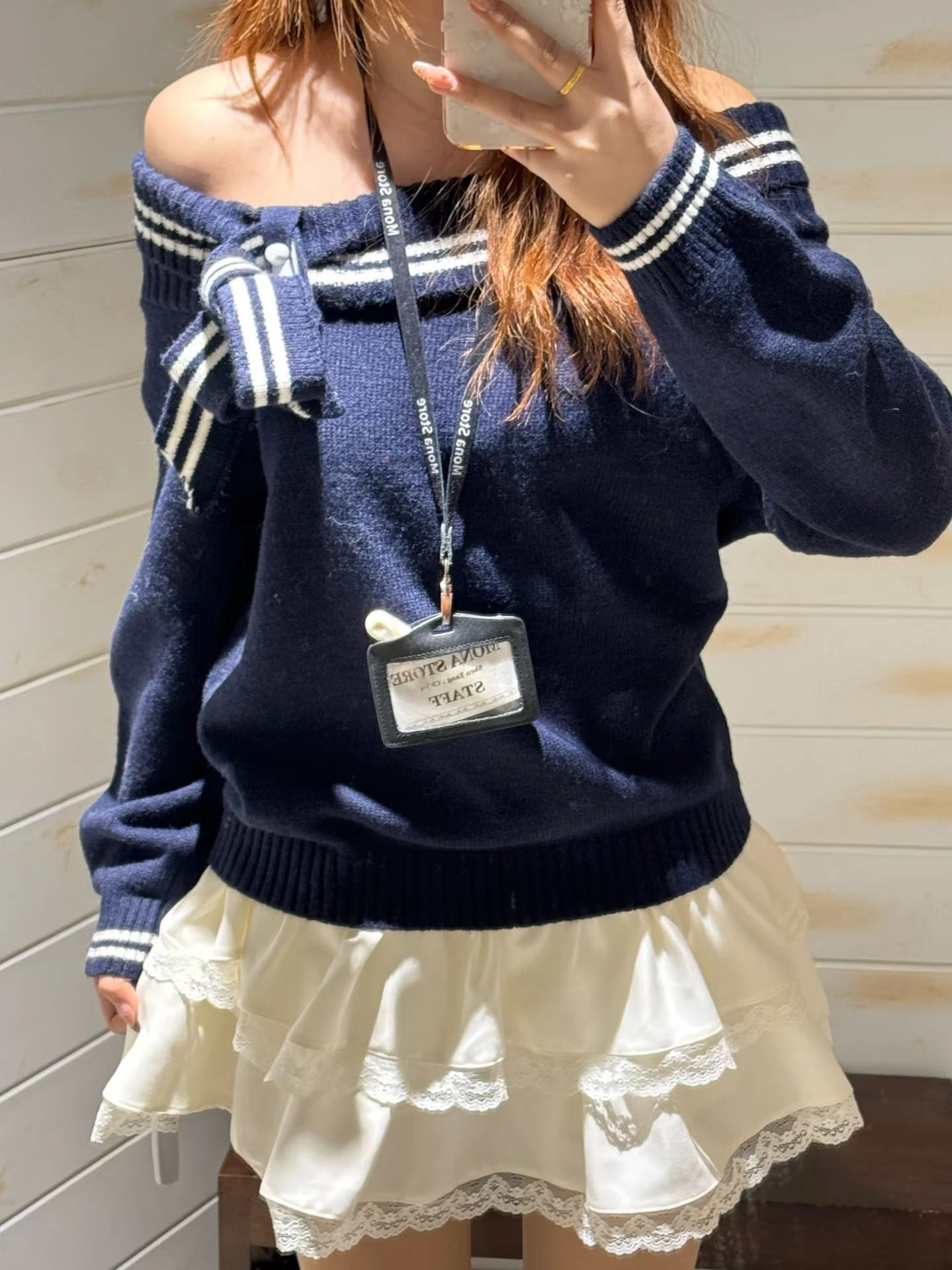 

Bowknot Off-the-shoulder Sweater Women Chic Vintage American Loose Tie-up Knitted Tops Female Preppy Style Sweet Sweaters