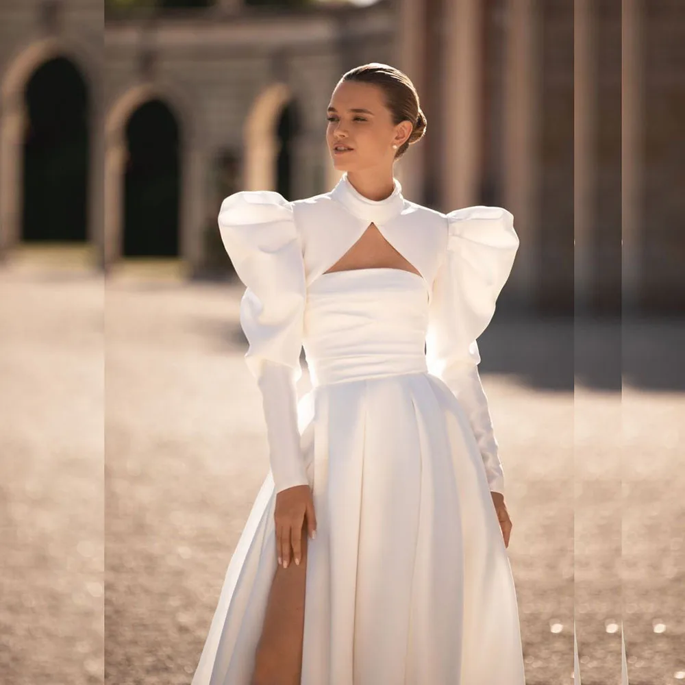 

Luxury Simple White Wedding Dresses Long Sleeve High Neck Long Sleeve Gowns Formal Occasion Floor Length Bridal Dresses Vestidos
