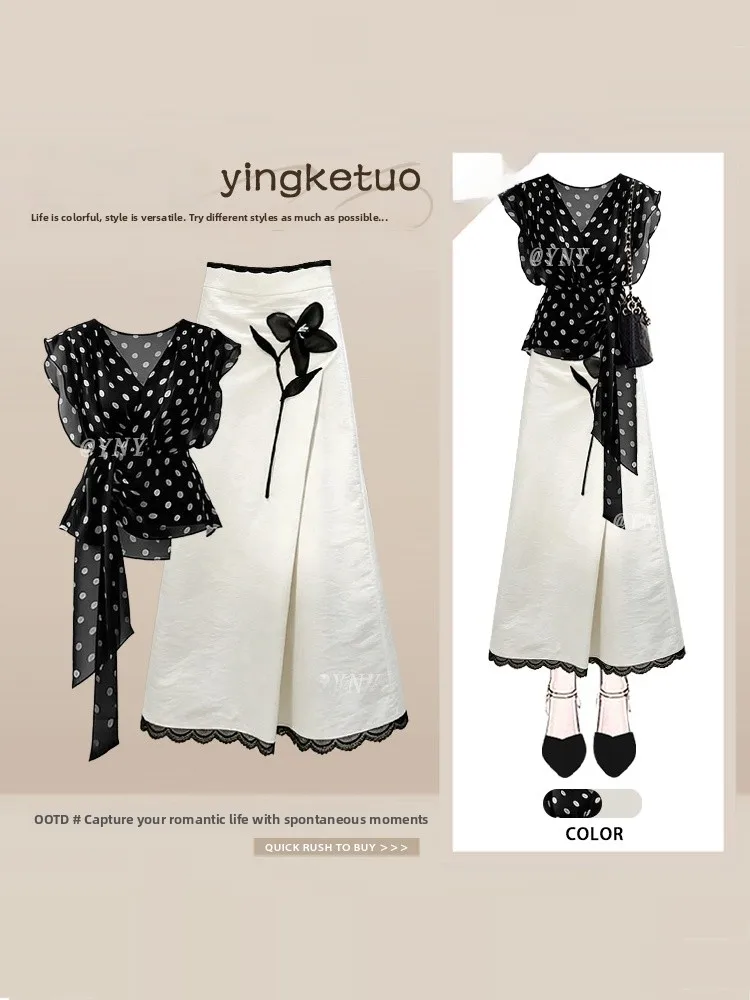 

Elegant Polka Dot Tie Shirt Set Women Summer Light Maturity Style Fashionable A-Line Skirt Two Piece Set High Waist