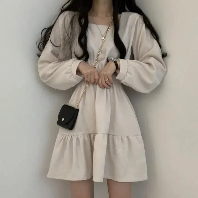 Women Long Sleeve Dresses Solid Color Square Collar A-line Sweet Vintage Design High Waist Mini Length Soft Chic Korean Elegant