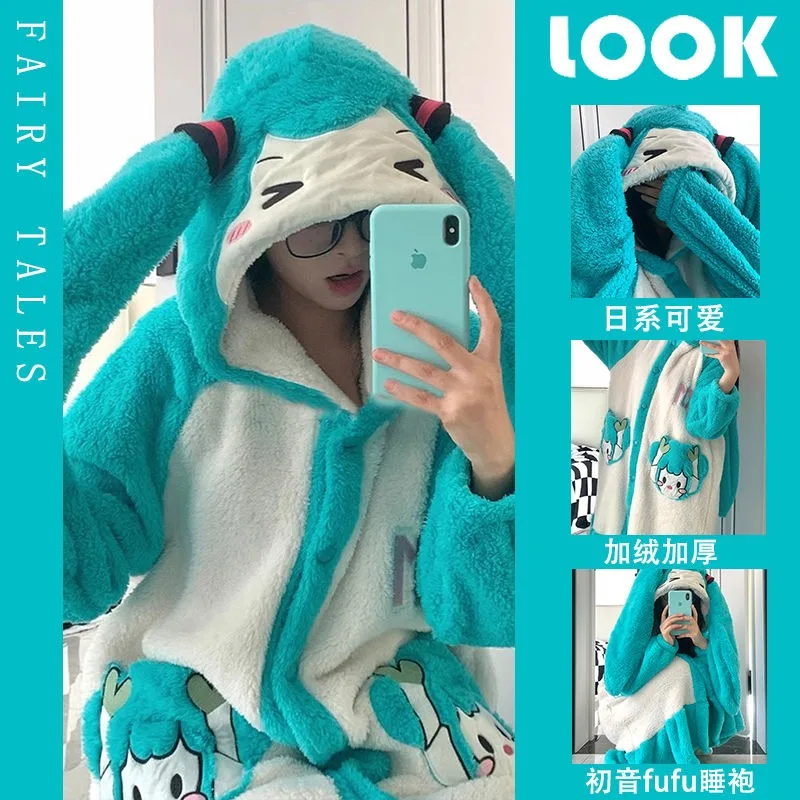 

Cute Hatsune Miku Anime Miku plus velvet thickened coral velvet pajamas kawaii women's winter warm soft winter nightgown gift