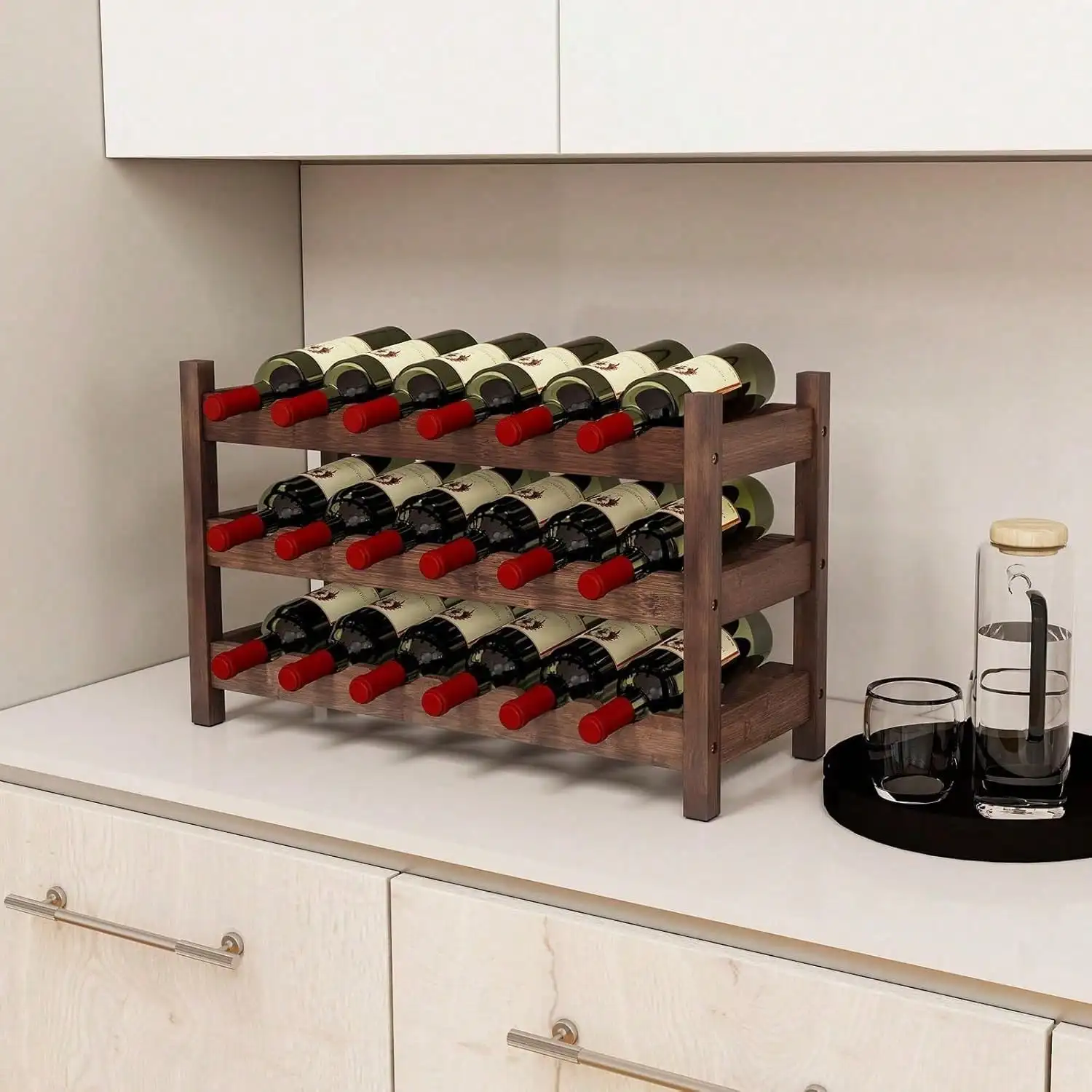 

3-Tier Bamboo Wine Rack, 18-Bottle Tabletop Wine Holder With Wave Slot, Freestanding Countertop Wine Bottle Organizer For Kitchen, Pantry, Pub & Wine Cellar, Brown (24.5L X 9.5W X 15H)