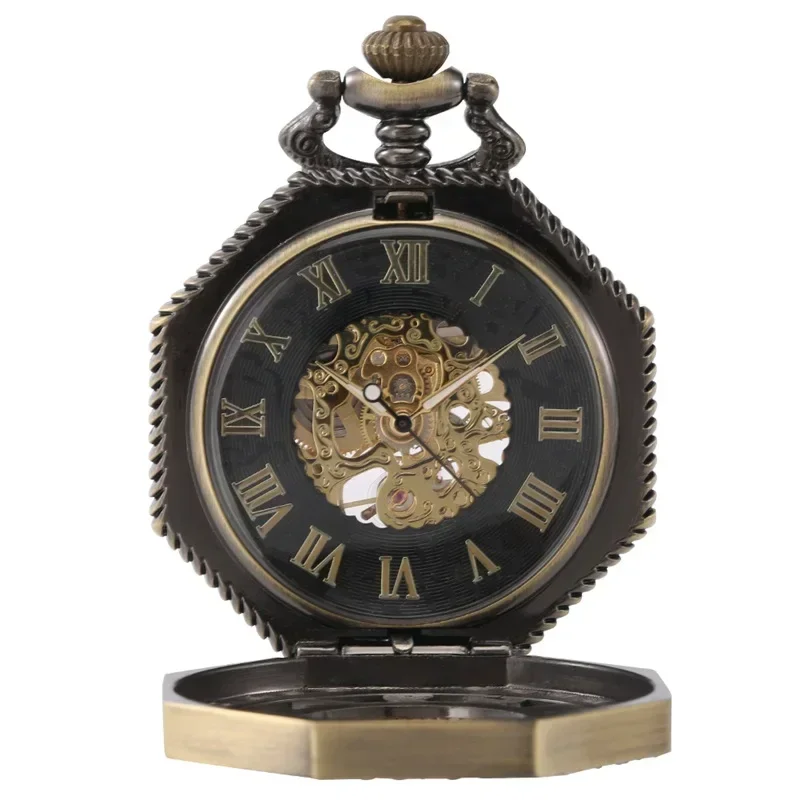Bronze Hollow Octagon Shape Men Women Handwind Mechanical Pocket Watch Skeleton Clock FOB Pendant Chain Roman Number Display