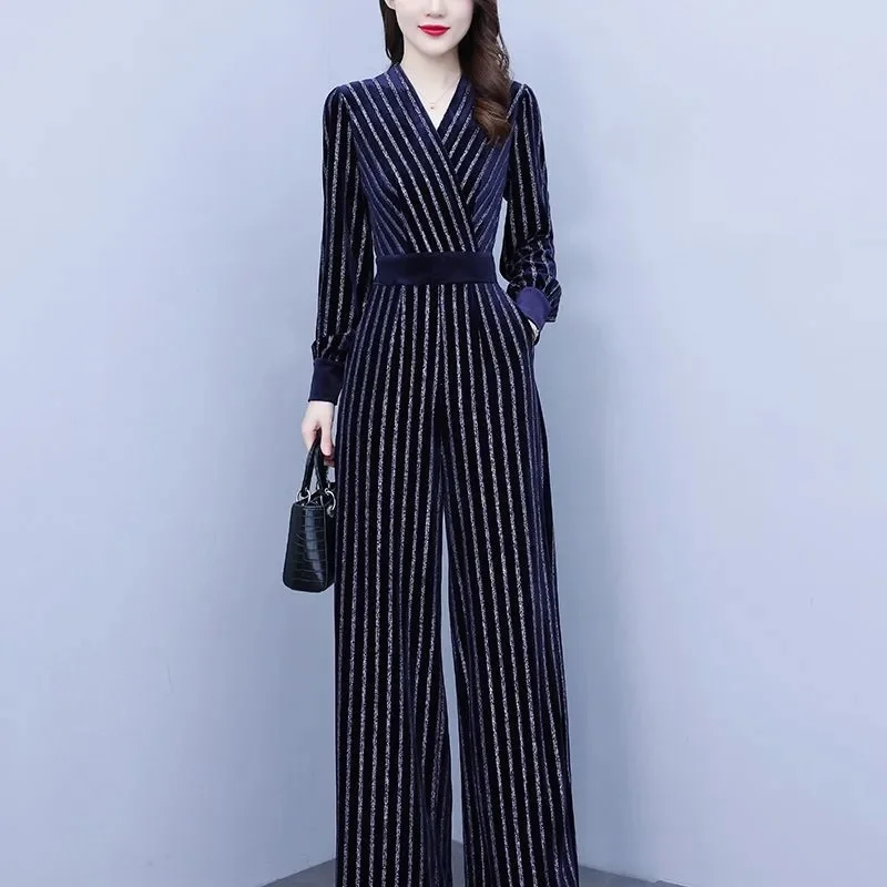 

Golden Velvet Jumpsuit Women's 2024 Spring and Autumn New Temperament Advanced Sense Slim Commuter Striped Wide-leg Jumpsuit