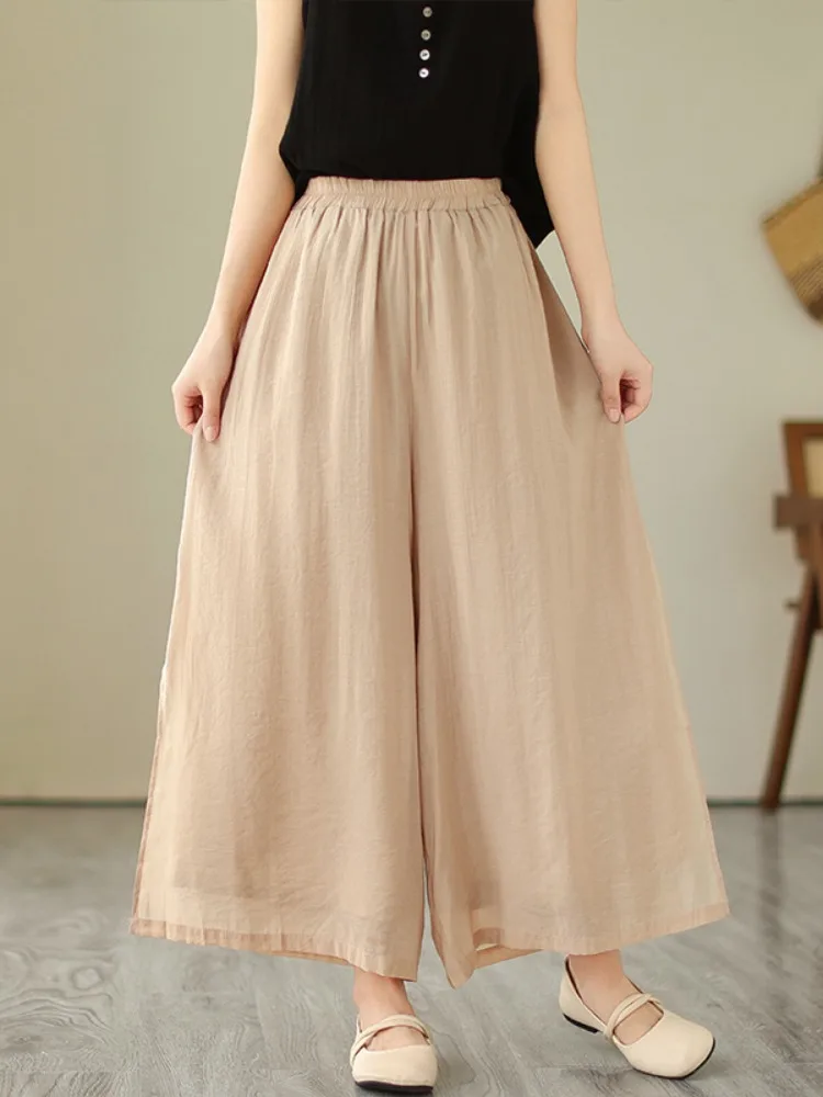 Ladies Thin Double Layer Wide Leg Pants Summer Dra Slimming Fairy Aosphere Long Pants  Linen Split Casual Skirt