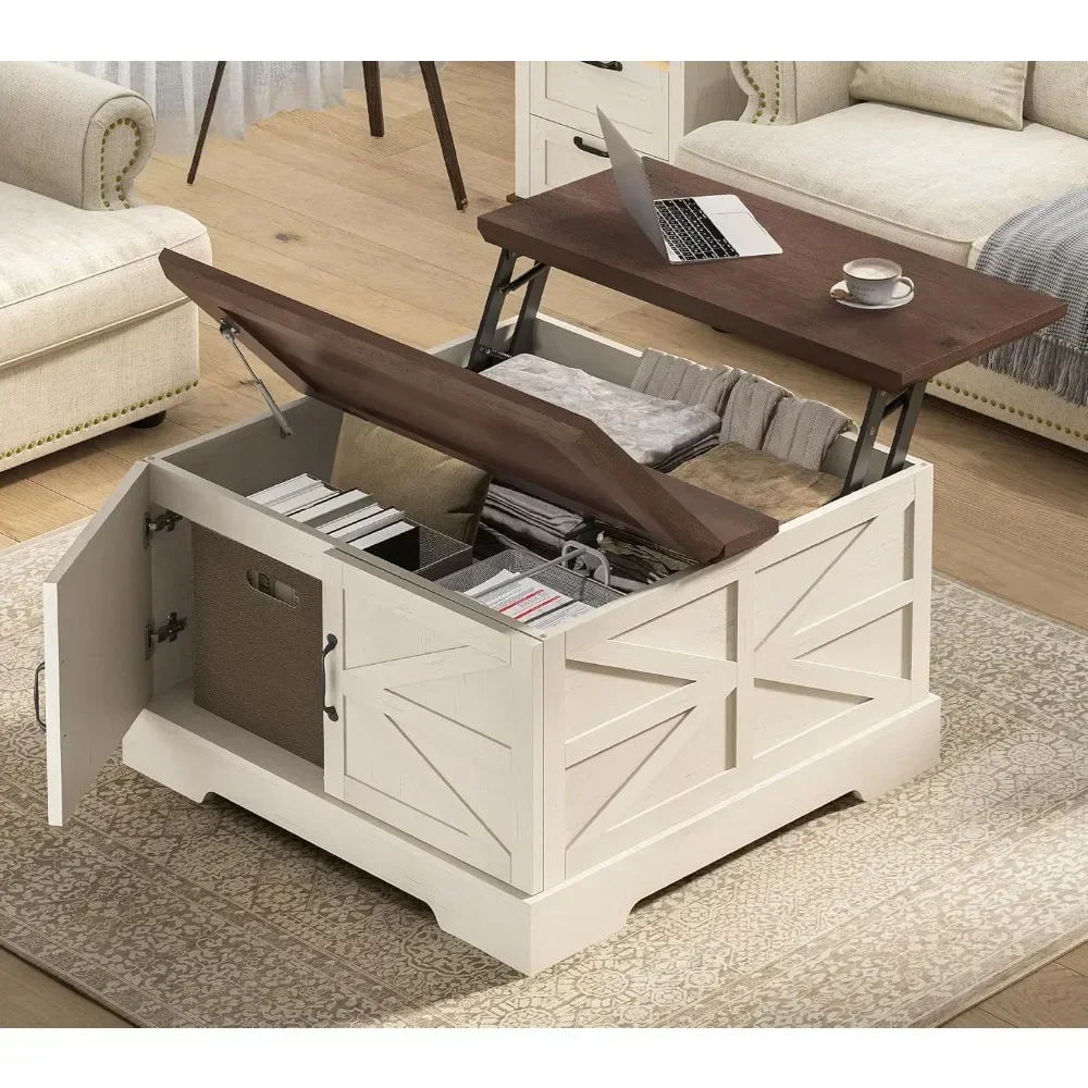 Farmhouse Lift Top Coffee Table สําหรับห้องนั่งเล่นพร้อมที่เก็บของ 50 แกลลอน, โต๊ะกาแฟทรงสี่เหลี่ยมพร้อมยกด้านบนและประตูโรงนา