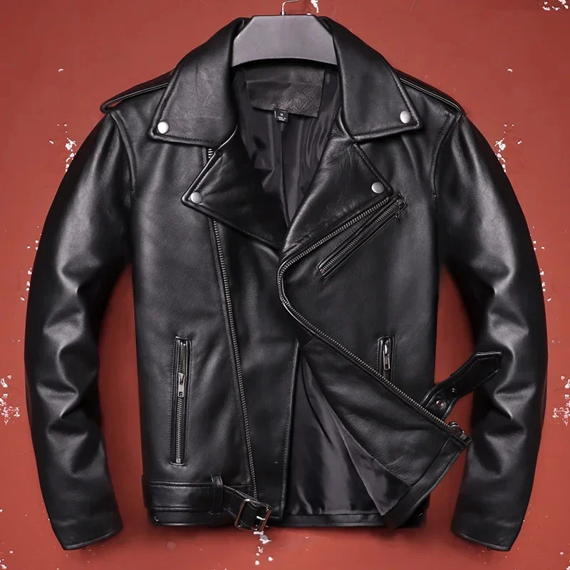 2025 Men's Oblique Zipper Sheepskin Jacket Classic Motorcycle Black Genuine Leather Slim Fit Short Biker Male Coats For Autumn